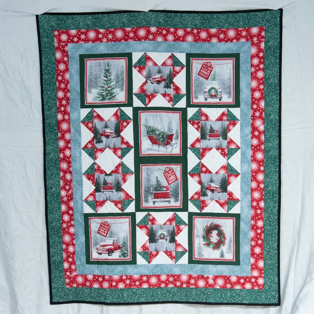 Beautiful, New, Handmade Christmas Quilt of red trucks and Christmas trees